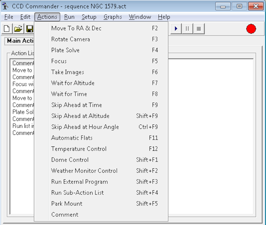 19 CCD Commander action menu.png - You can choose any of several actions for your script, such as moving to a target, verifying that you are there, focusing, and so on.  It will also take automatic "sky flats" by aiming the scope at the right part of the sky and adjusting the exposure time automatically.  Also note the "sub-action" command, which we will see in the next slide.